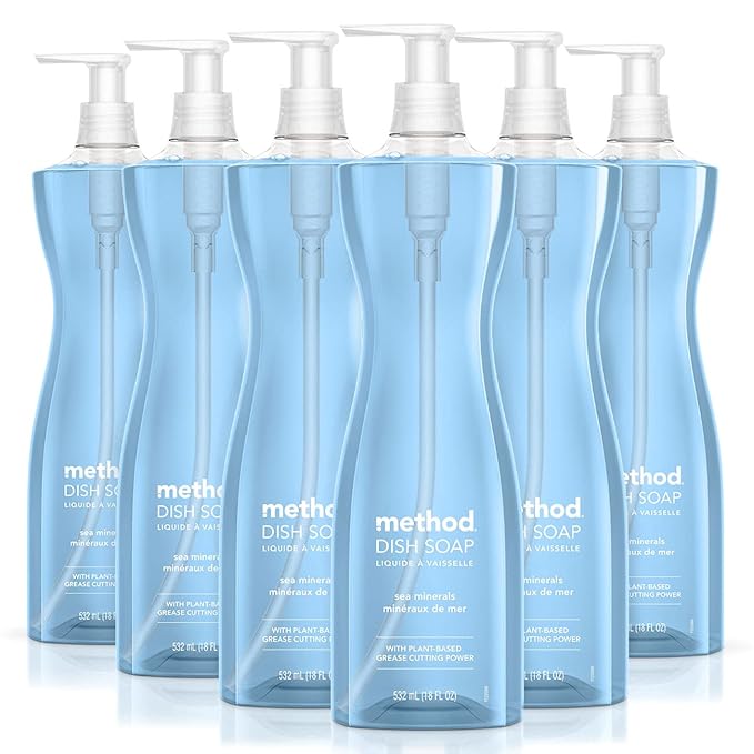 Method Gel Dish Soap, Sea Minerals Scent, Biodegradable Formula, Tough on Grease & Stuck-on Food, Cruelty Free Formula, Made with Recycled Plastic, 18 Fl Oz (Pack of 6)