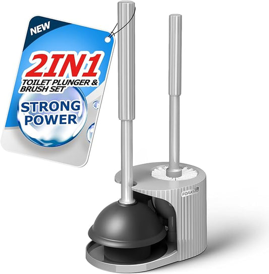 FORASTO 2 in 1 Toilet Plunger and Brush Set，Extended Handle Plunger，Toilet Bowl Brush Plunger Set,Bathroom Cleaning Tools ，Toilet Brush Plunger Combo，Cleaning Brush，Dark Gray