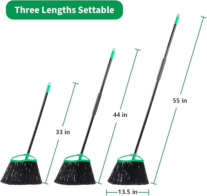 HileSwan 2 Pack Heavy Duty Brooms, 55" Long Handle Indoor Outdoor Angle Broom Set, Household Commercial Floor Cleaning, for Sweeping Home, Kitchen, Deck, Garage, Patio - Green