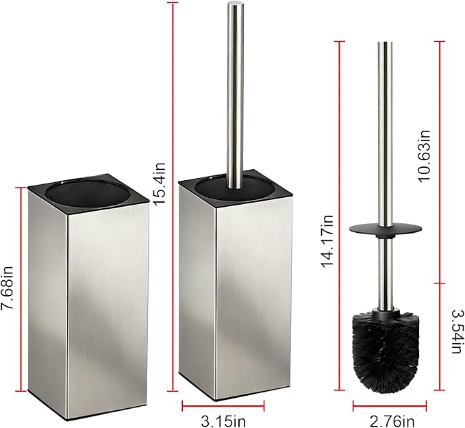 Toilet Brush and Holder Set, NEWRAIN Stainless Steel Toilet Brush with Long Brush Handle, Brushed Nickel Toilet Scrubber and Covered Holder, Square Design Sturdy and Space Saving, Covered Brush
