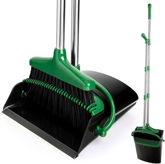 XXFLOWER Broom and Dustpan Set with Long Handle, Light Weight Stainless Steel Poles Stand Upright Dustpans with Broom Combo for Home Kitchen Office Pet Dog Hair, 1-Pack(Black Green)