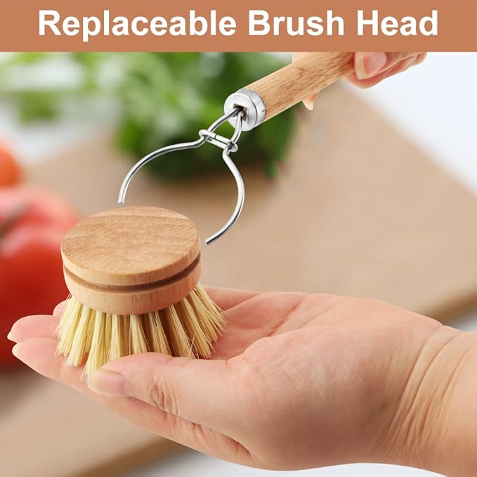 Bamboo Dish Brush with Handle - 3 Replacement Heads, Soft Bristles Kitchen Brush, Bamboo Dish Scrubber for Dishes Vegetable, Pots and Pans, Kitchen Utensils(Color:Wood)