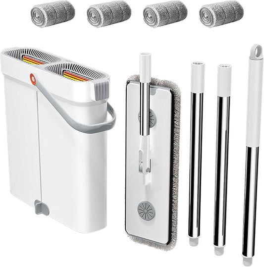 CTIME Flat Mop and Bucket Set with Wringer，Wet and Dry Use，Hands-Free Flat Mops for Floor Cleaning and Window Wall Cleaner with 4 Microfiber Pads.