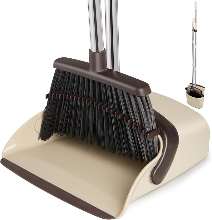 XXFLOWER Broom and Dustpan Set, Dustpans with Broom Combo for Home, Heavy Dust Broom and Dustpan Combo, Long Handle Dust Pan and Broom Set for Kitchen, Office, Pet Hair,Beige, Pack of 1