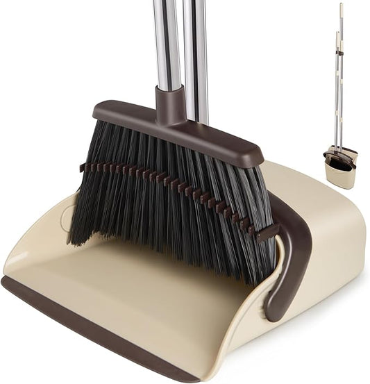 XXFLOWER Broom and Dustpan Set, Dustpans with Broom Combo for Home, Heavy Dust Broom and Dustpan Combo, Long Handle Dust Pan and Broom Set for Kitchen, Office, Pet Hair,Beige, Pack of 1