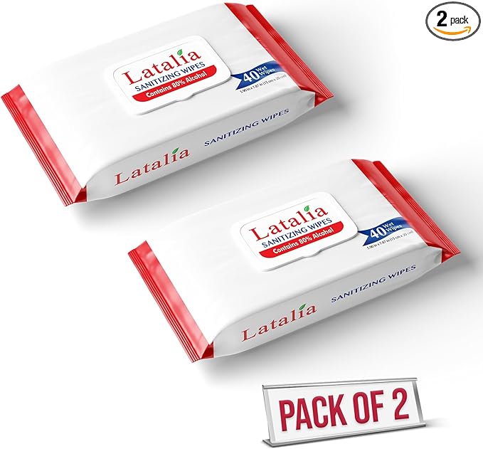 Latalia Hand Wipes Pack of 2 | 80% Alcohol Hand Sanitizer Wipes for Hands & Face Moisturizing, Gentle, Convenient and Fragrance Free (40 Counts)