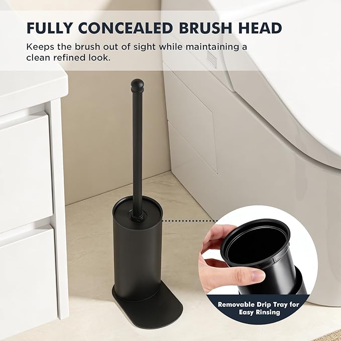 Toilet Brush and Holder Set, Stainless Steel Toilet Bowl Brush with 16.5" Long-Reach Handle, Tilted Canister with Concealed Brush Head & Anti-Splash Shield for Bathroom Cleaning, 1 Spare Head Included