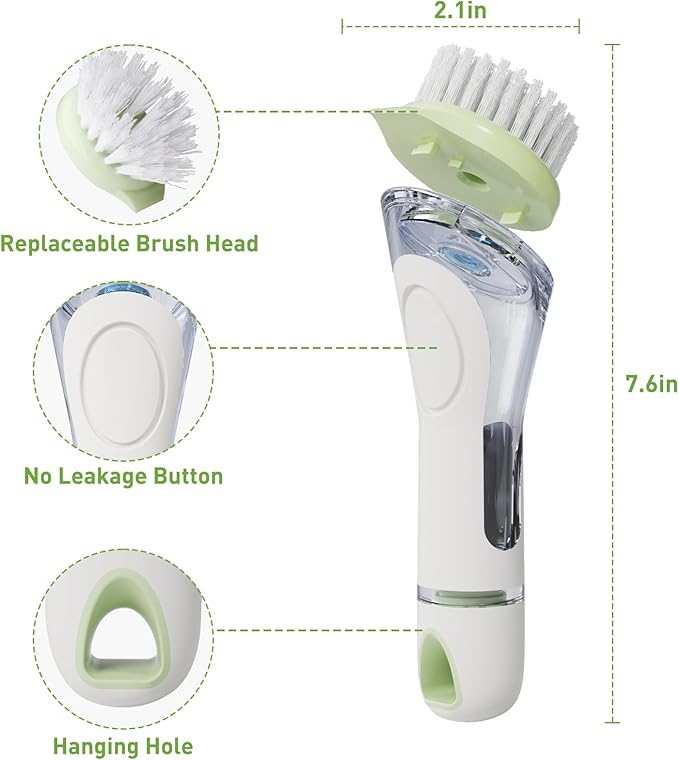 Soap Dispensing Dish Brush with 2 PCS Brush Refills, Dish Scrub Brush with Soap Dispenser, Dish Soap Brush for Dishes, Pans, Sink, Pots