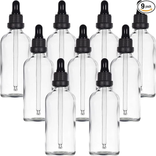 YIZHAO Clear Glass Dropper Bottle 4oz, Tincture Bottles with Glass Dropper, for Essential Oils, Aromatherapy, Cosmetic, Laboratory, Pharmacy, Liquids, Travel –9 Pcs