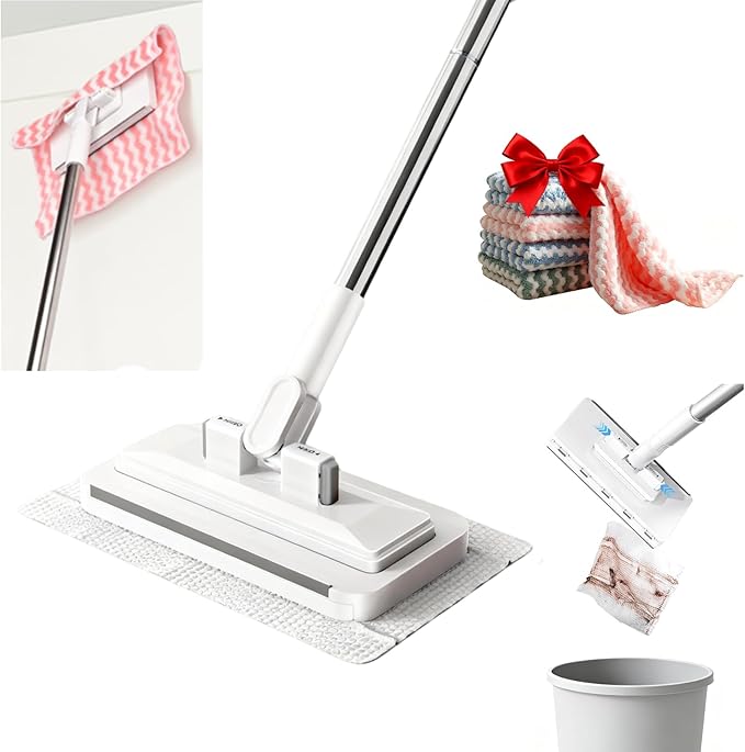Snap Grip Mini Mop, Zero-Touch Gap Dust Cleaner with 39' Lazy Mop Stick & Locking Head, Disposable Dust Mop for House Wall Bathroom Toilet Corners Multi Surface Cleaning with 5 Cloths