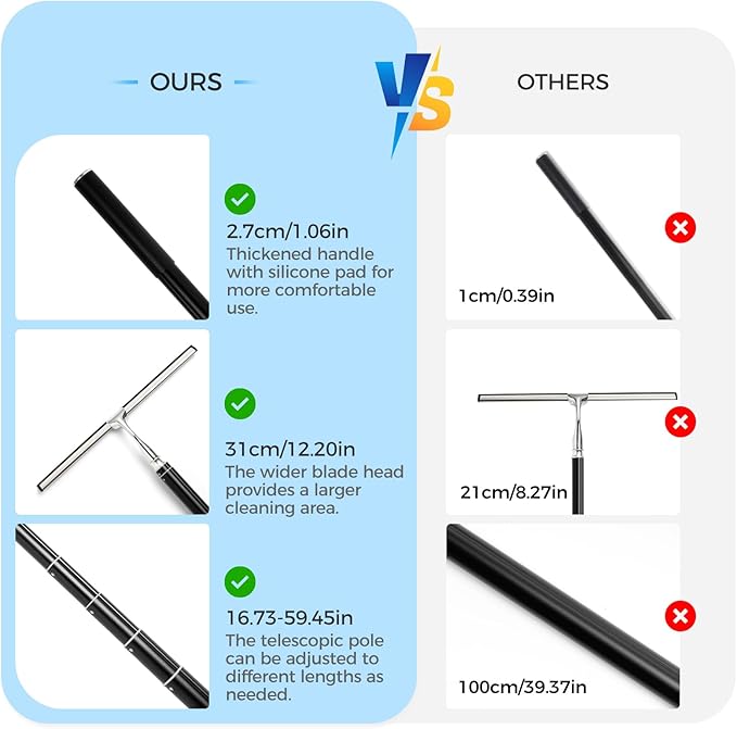 Mesiiloly 59.5" Long Handle Window Squeegee with Extension Pole, 12.4" Wide Metal Shower Squeegee for Glass Doors, Floor Squeegee for Home Window Cleaning, Tile Wall, Car