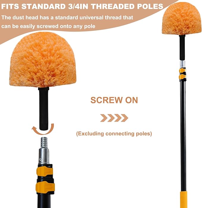 4 Pack OrangeTwist-On Cobweb Duster Head Brush // Spider Web Brush for Outdoor & Indoor Web Cleaning // Fits Standard Acme Threaded Poles // Brush Head Only