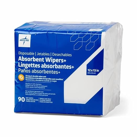 Medline Absorbent Wipers+ Disposable Heavy Duty Dry Wipes, 12" x 12" (90 Count), Use Wet or Dry, Perfect for Skin Care or Home Use, 3X Stronger, Highly Absorbent