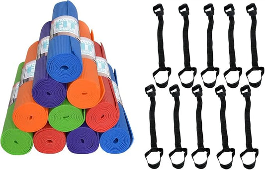 10-Pack Classic Yoga Mat With Carrying Strap, 68" x 24" Non Slip Exercise Mat, 4mm Thick Fitness Mat, Anti-Tear, Bulk Yoga Mats for Home Workout, Gym, School, or Studio