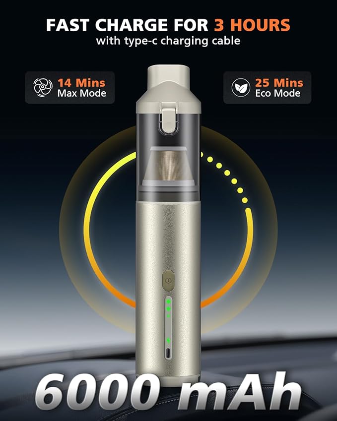 NOVARHOME Car Vacuum Portable with 16000Pa Powerful Suction, Handheld Vacuum Cordless Rechargeable Blow & Suction 4 in 1, Small Vacuum Cleaner for Car, Outdoor, Home, Office (Gold Renew)