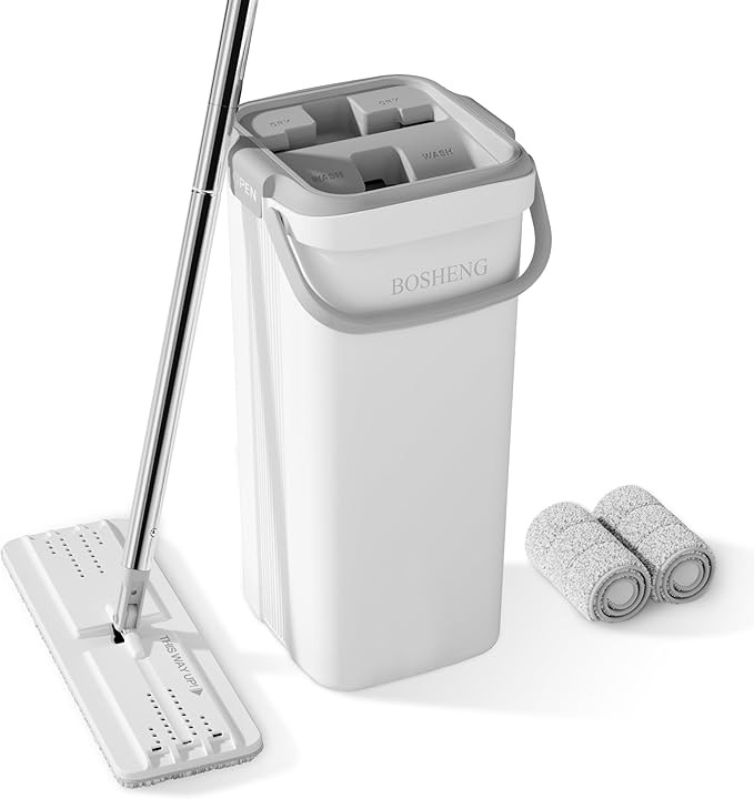 Mop and Bucket Set, Flat Mops for Floor Cleaning, Wall Mop with 60" Extensible Handle, Hardwood Floor Mop with 2 Microfiber Pads