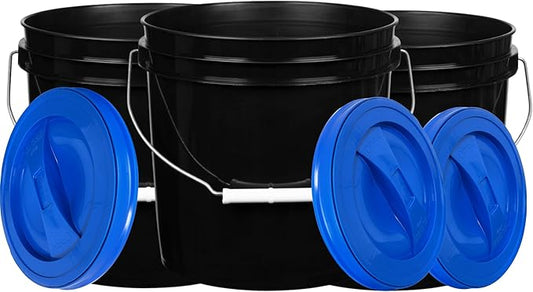 House Naturals 2 Gallon White Bucket with Screw on Lid - Pack of 3 Made in USA contrainers (Black Buckets with Blue Lids)