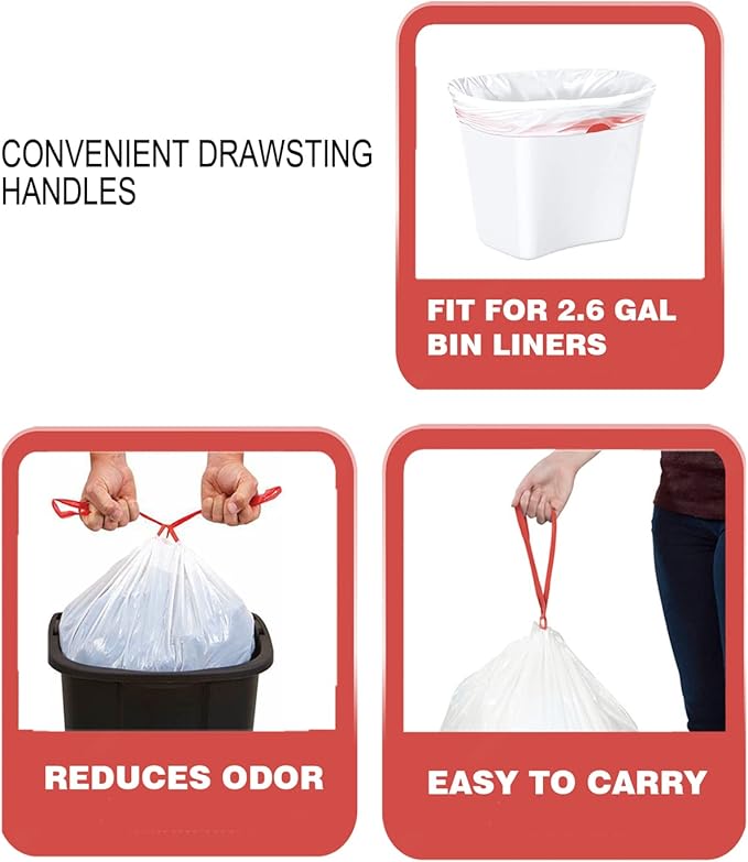 Trash Bags, 2.6 Gallon, 200 Count, Drawstring, Odorless, Extra Thick, White Plastic, Food Scrap Bag for Home Office Bathroom Kitchen Bins