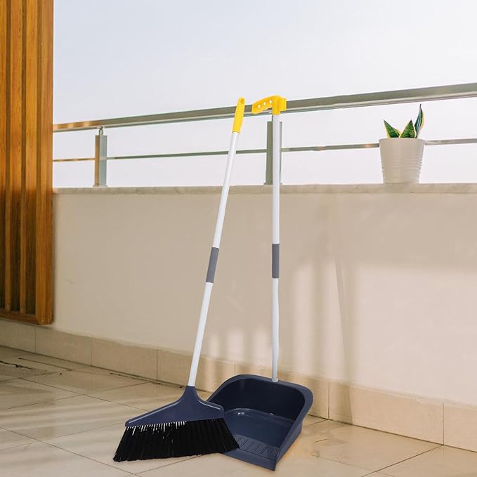 ULTECHNOVO Stand Up Dustpan and Broom Set - Long Handle Broom with Upright Standing Dust Pan - Angled for Indoor Outdoor Home Kitchen Office Floor Cleaning (Blue)