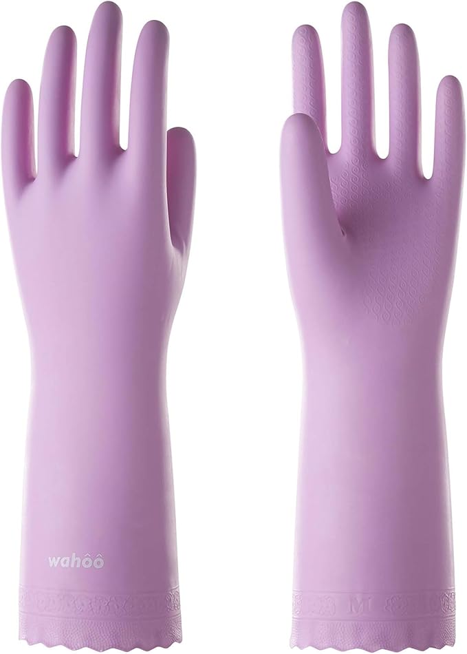 wahoo Skin-Friendly Cleaning Gloves, Reusable Dishwashing Gloves with Flocked Cotton Liner, Dishwashing, Kitchen,Mauve Mist, Medium