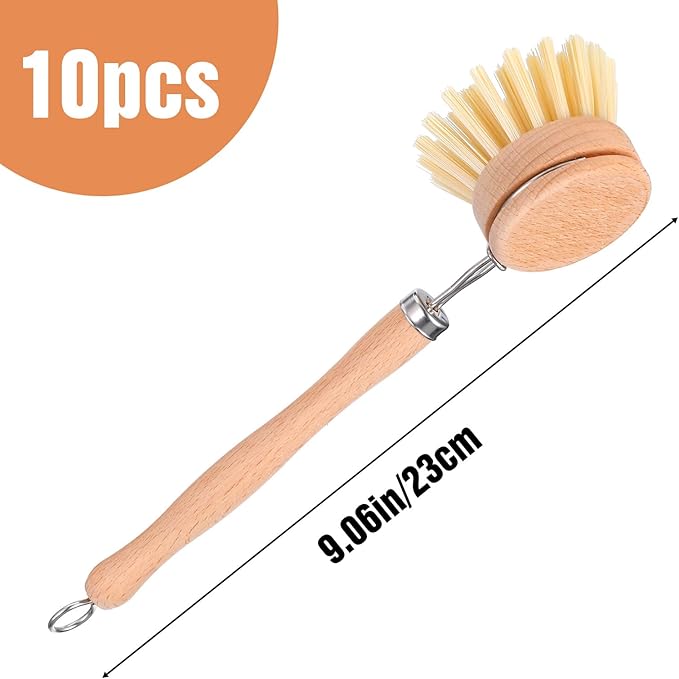 10 Pack Fiber Bristle 2-Inch All-Purpose Kitchen Dish Scrub Brush with Beechwood Handle - Dish Brush with Hooked Handle for Pots, Pans, and Kitchen Utensils - Made in Germany