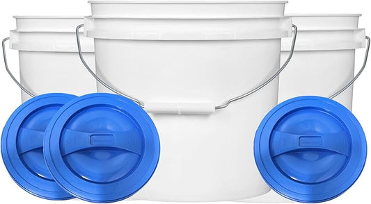 House Naturals 2 Gallon White Bucket with Screw on Lid - Pack of 3 Made in USA contrainers (White Buckets with Blue Lids)