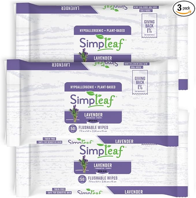 Simpleaf Flushable Wet Wipes Lavender | Plastic Free, Paraben & Alcohol Free | Hypoallergenic & Safe for Sensitive Skin | Soothing Aloe Formula | Adult Toilet Wipes (3 x 50 Counts Pack) 150 Counts