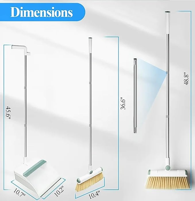 Broom and Dustpan Set 50" Long Handle Foldable Stand Up Broom and Dustpan with Comb Teeth for Indoor & Outdoor Sweeping Home Dog Cat Pets (White)