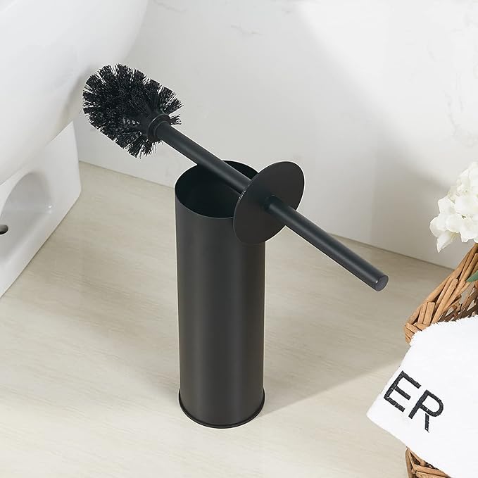 Kelirol Toilet Brush and Holder Set Black Stainless Steel, 304 Heavy Duty Round Toilet Brush Set – Rust Resistant, Long Handle, Replacement Heads, Floor Standing Bathroom Toilet Cleaning Brush