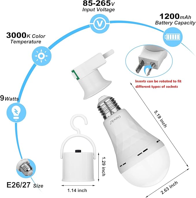 Rechargeable Light Bulbs, 1200mAh Led Battery Backup Bulb for Lamps 6 Pack Emergency Light Bulbs for Power Outage Hurricane Camping 9W 3000K A21 Warm Light Battery Operated Light Bulb E26