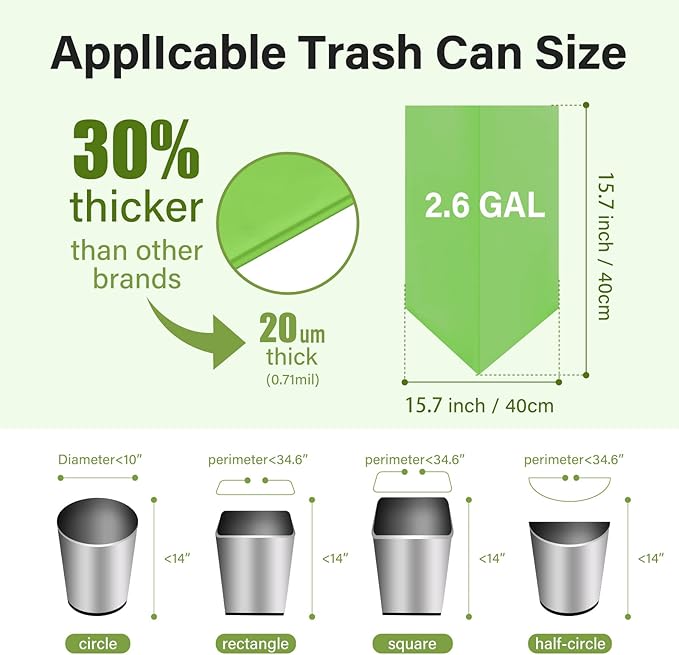 Eargardin Compostable Trash Bags 2.6 Gallon 100 Counts Compost Small Garbage Bag for Kitchen Bathroom BPI Certified, Green
