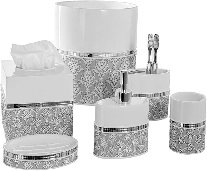 Creative Scents Mirror Damask Small Bathroom Trash Can 1.58 Gal / 6L - Decorative White and Gray Waste Basket - Durable Bathroom Wastebasket - Waste Bin for Powder Room Or Bedroom