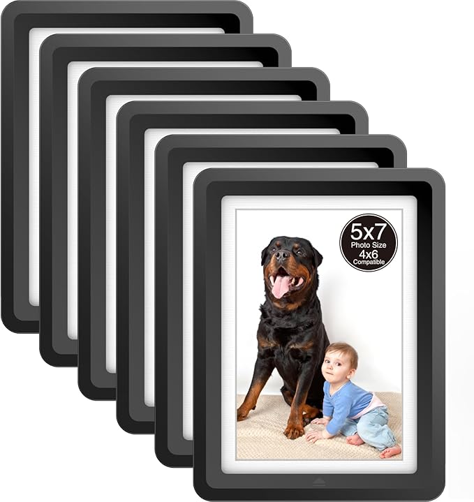 6-Pack 5x7 Picture Frame or 4x6 with Mat – Shatterproof Plastic Picture Frames for Family, Nursery & Playroom, Wall & Tabletop Frame for Home or Office, Safe Lightweight Design, Midnight Elegance