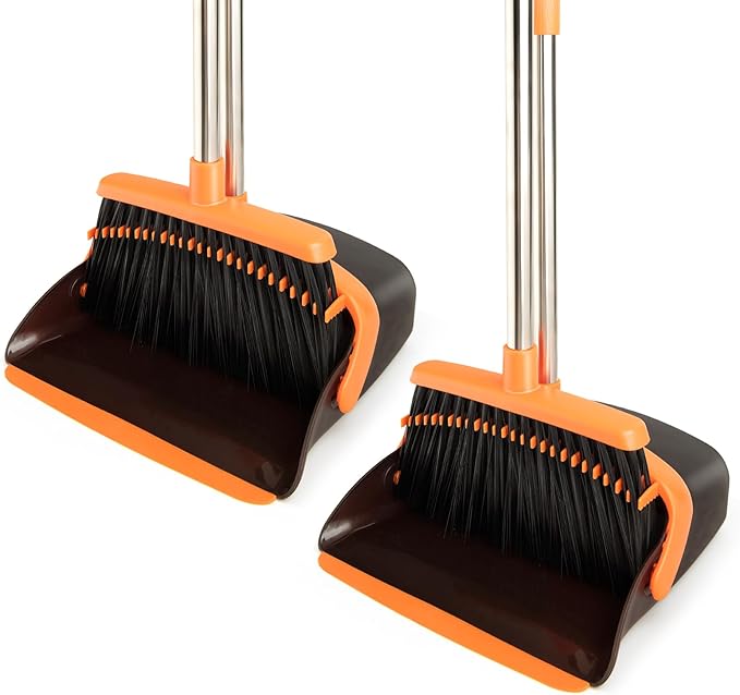 XXFLOWER 2-Pack Broom and Dustpan Set with Long Handle, Heavy Dust Broom and Dustpan Combo for Home，Kitchen, Office, Pet Hair (Brown Orange)