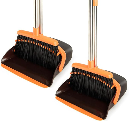 XXFLOWER 2-Pack Broom and Dustpan Set with Long Handle, Heavy Dust Broom and Dustpan Combo for Home，Kitchen, Office, Pet Hair (Brown Orange)