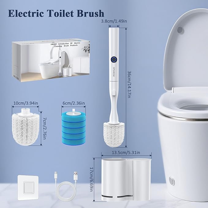 Electric Toilet Brush and Holder Set, Redagod Multi-function Toilet Bowl Cleaners with Solid Handle and Durable Bristles Easy Deep Cleaning for Bathroom,Rechargeable,5 Refills Disposable Cleaner Brush