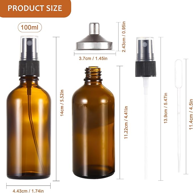 3.4oz Amber Glass Spray Bottles,Empty Fine Mist Refillable Travel Spray Bottle for Cleaning,Perfume,Aromatherapy,Cosmetic Sprays,Hair,Essential Oils with Fine Mist Dispenser（3 Pack）