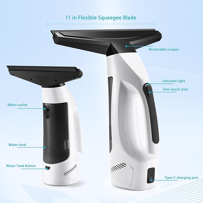 Window Vacuum Squeegee Cordless, Handheld Window Vac with Multi-Purpose Spray Bottle & Microfiber Cloth, Electric Cleaning Tool for Windows, Tiles, Mirror, Countertop, Car Windshield (White-Black)