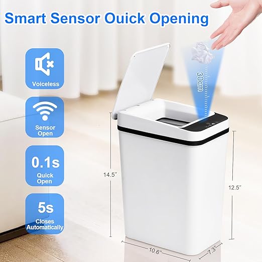 Bathroom Trash Cans with Lid Touchless Automatic Motion Sensor 4 Gallon Small Garbage Can, Smart Electric Plastic Narrow Garbage Bin for Living Room Bedroom Office Kitchen (White)