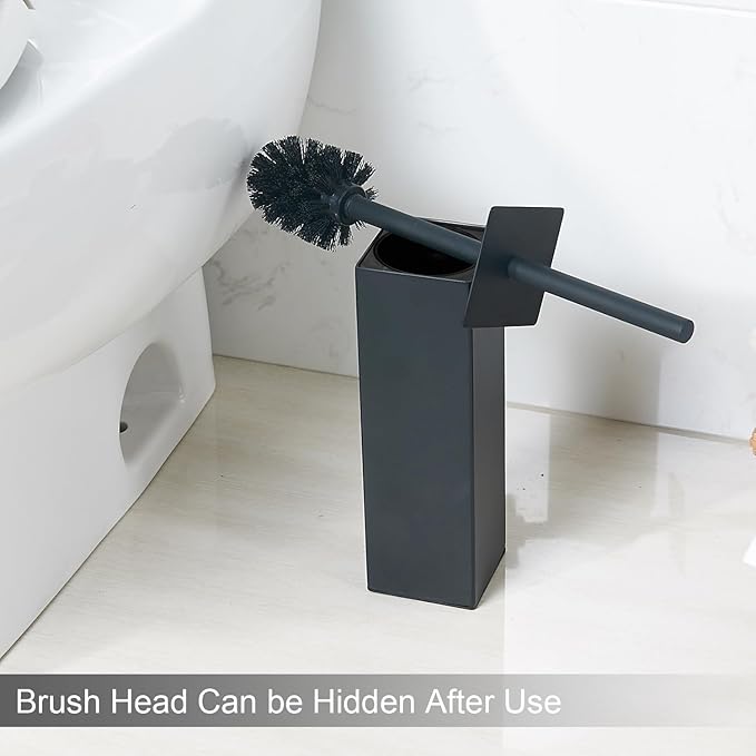 Kelirol Matte Black Square Stainless Steel Toilet Brush with Holder, 304 Modern Toilet Brush Set – Rust Resistant, Long Handle, Replacement Heads, Floor Standing Bathroom Toilet Cleaning Brush