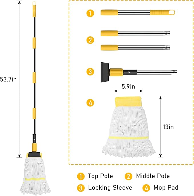 EZKEY Heavy Duty String Wet Mop for Floor Cleaning, Commercial Industrial Cotton Mops with Stainless Steel Long Handle for Home, Kitchen, Bathroom, Garage