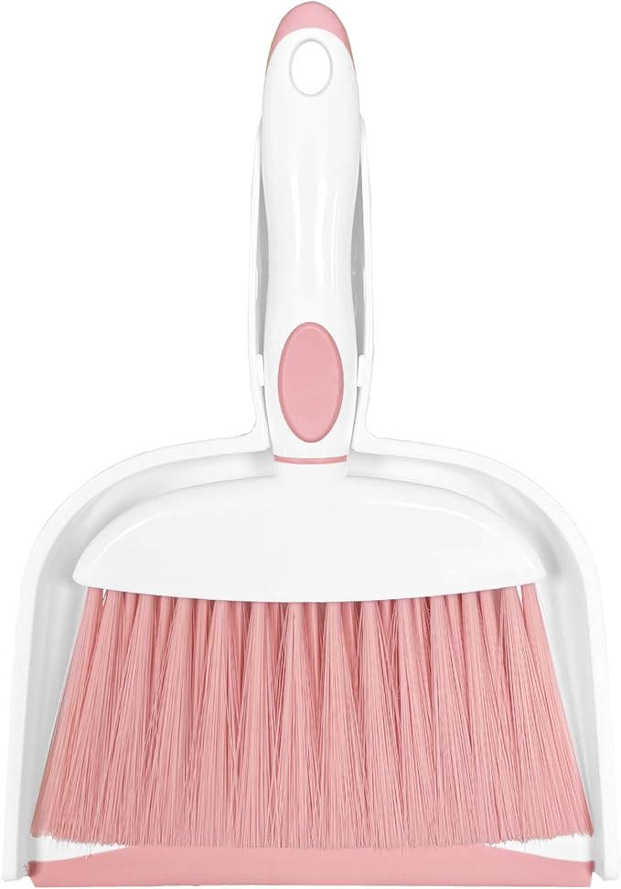 NBGYTECH Mini Broom and Dustpan Set Small Broom with Dustpan Combo Set Portable Cleaning Tools for Home Office RV Learning Camping (White+Pink)