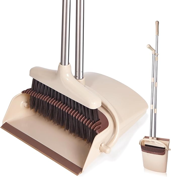XXFLOWER Broom and Dustpan Set with Long Handle, Light Weight Stainless Steel Poles Stand Upright Dustpans with Broom Combo for Home Kitchen Office Pet Dog Hair, Brown & Beige Color, 1-Pack