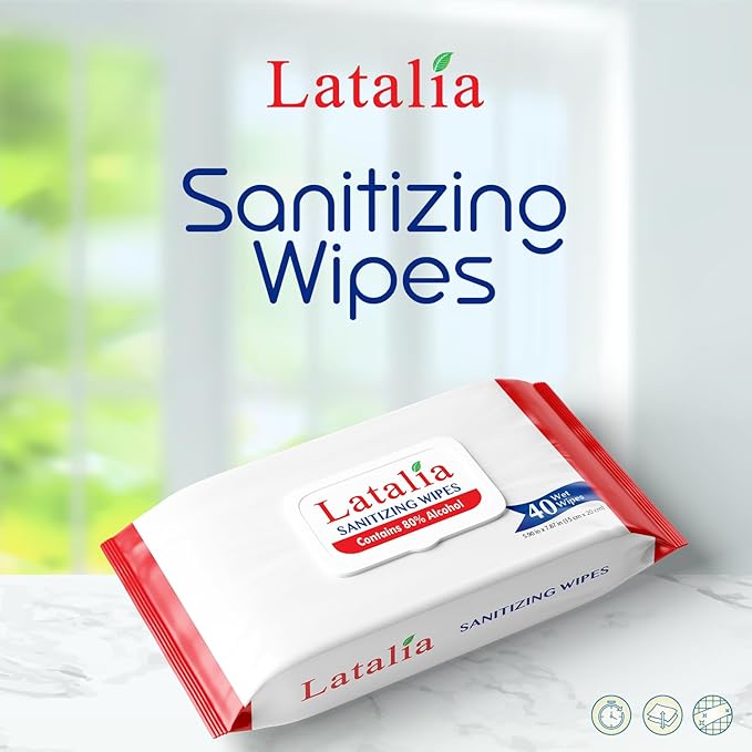 Latalia Hand Wipes Pack of 5 | 80% Alcohol Hand Sanitizer Wipes for Hands & Face Moisturizing, Gentle, Convenient and Fragrance Free (40 Counts)