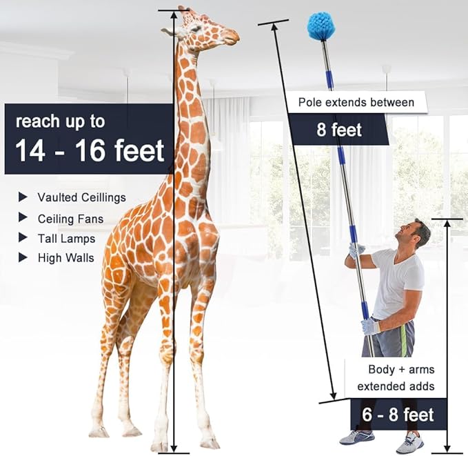 Extended Reach Cobweb Duster with 4-Foot Pole - Medium Bristle Brush for Ceiling, Wall, and Indoor/Outdoor Cleaning, Lightweight Stainless Steel (4FT)