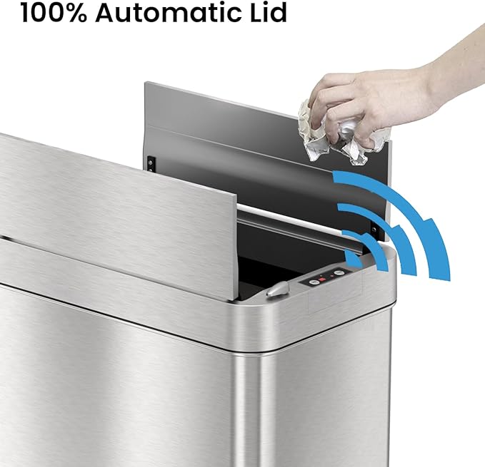 iTouchless 50 Liter / 13 Gallon Wings-Open Lid Sensor Kitchen Trash Can with Odor Filter – Dog-Proof Slim Automatic Stainless Steel Garbage Recycling Bin for Home, Office, Bedroom, Business or Garage