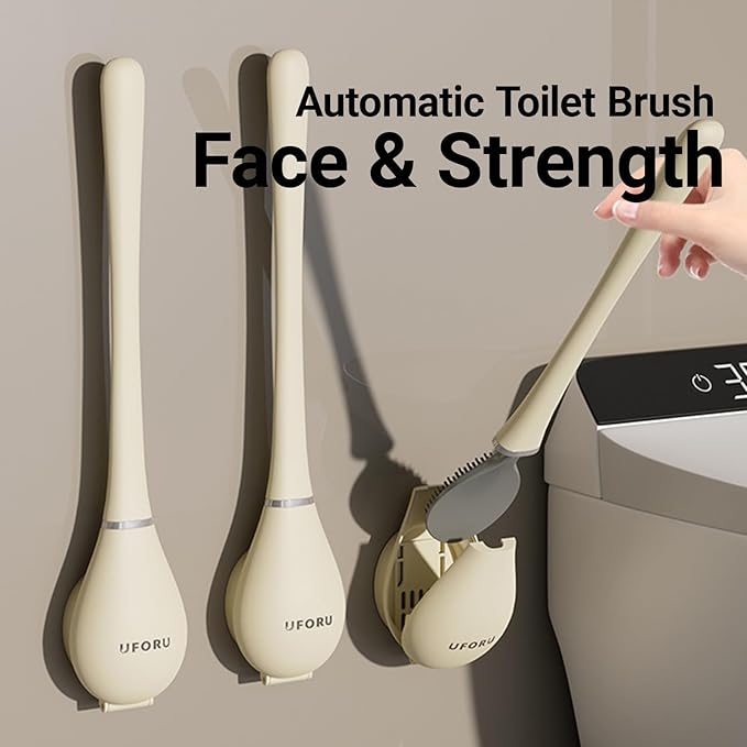 Flexible Silicone Toilet Brush and Holder Set Wall Mounted, Auto Closing TPR Brush Head for Deep Cleaning, Space Saving Bathroom Essentials with Adhesive Mounts (No Drilling) (1, Grayish Green)