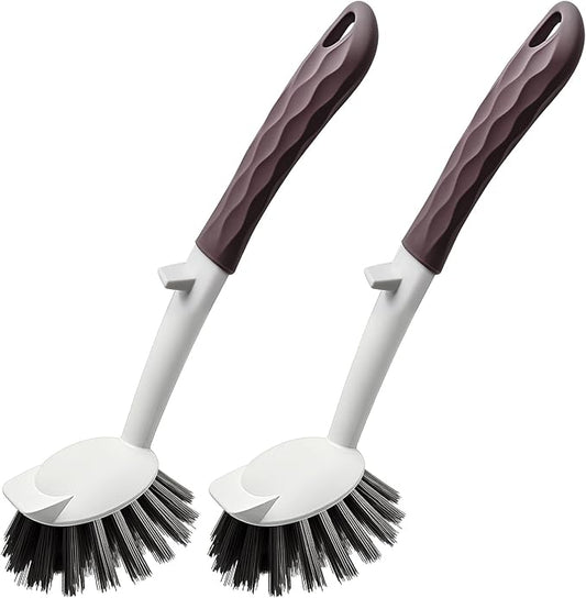 DMBMHMBDF Dish Brush, 2 Pack with Comfortable Handle, with Built-in Scraper, Scrub Brush with Stiff Bristles for Cleaning Dishes, Sink, Pots (Brown)