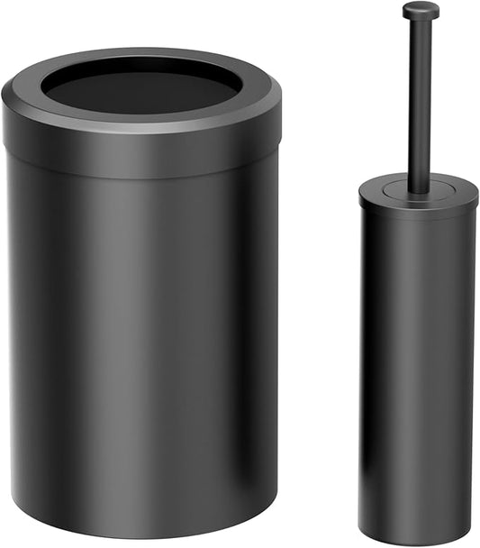 Gatco Modern Round Waste Basket and Toilet Brush Set, Matte Black- Stainless Steel Trash Can with Removable Lid, Leakproof, 3 Gallon Capacity for Bathroom, Bedroom, Kitchen, or Office