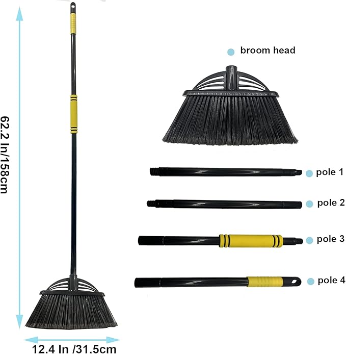 Xifando Four-Section Rod Long-Handled Broom,Heavy-Duty Broom, Angle Broom for Outdoor/Indoor（Black+Yellow）